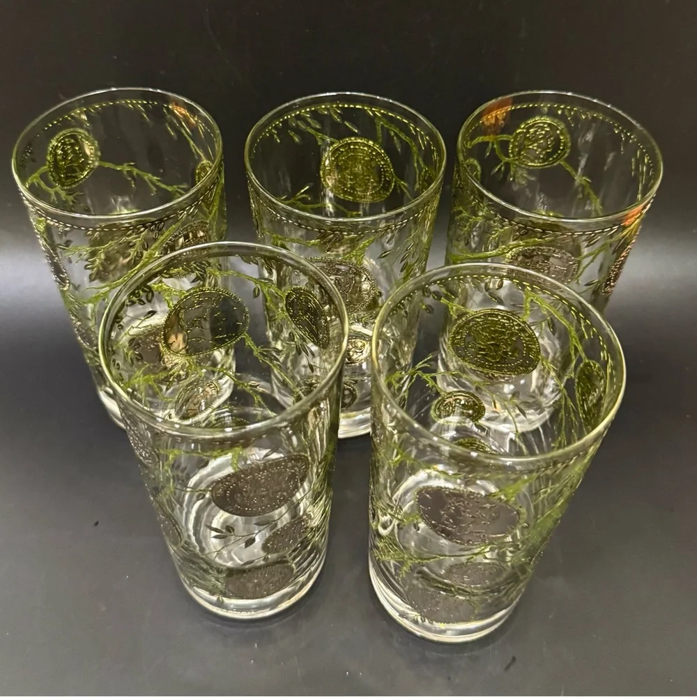 Lot of 5 Vintage MCM MidMod CULVER Midas 22K Gold American Coin Leaves Highball